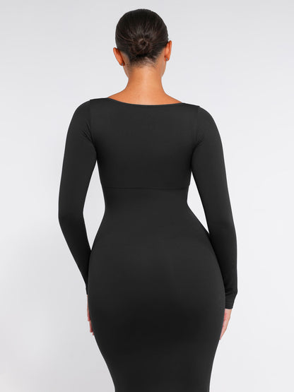 Willluxe Seamless Long Sleeve Shaper Dress with Removable Pads and High Slit