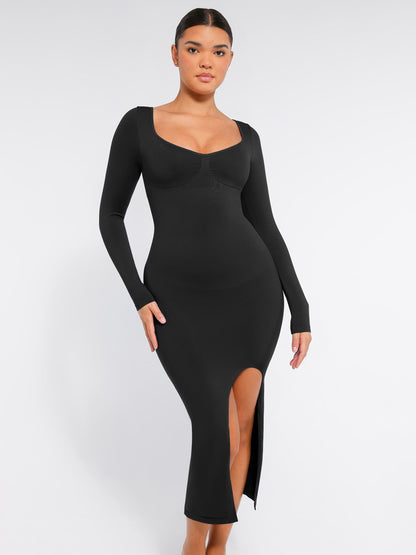 Willluxe Seamless Long Sleeve Shaper Dress with Removable Pads and High Slit