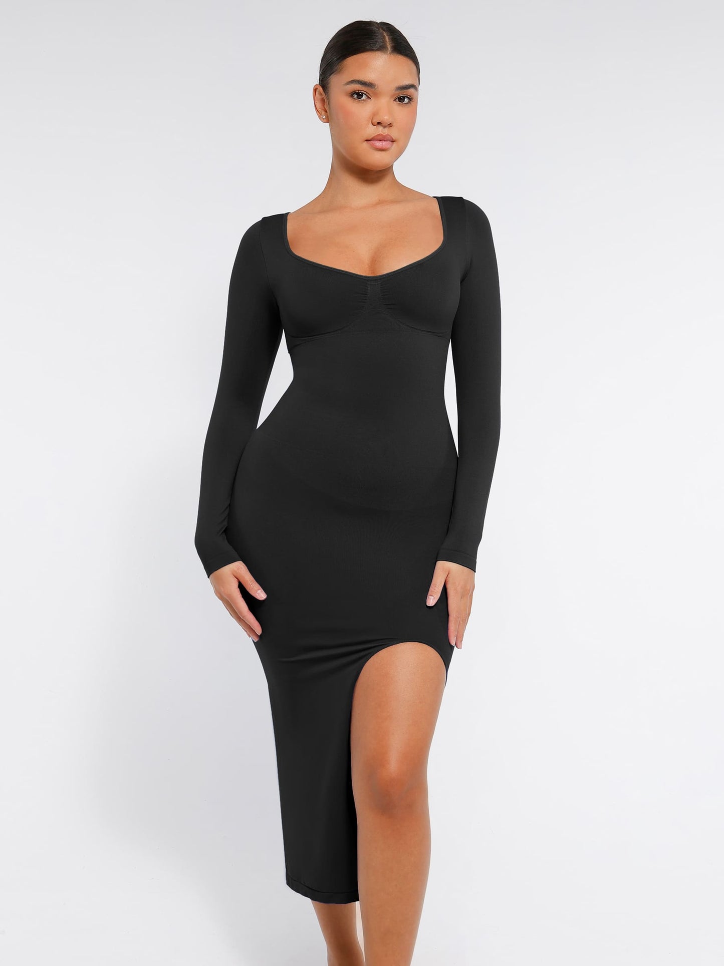 Willluxe Seamless Long Sleeve Shaper Dress with Removable Pads and High Slit