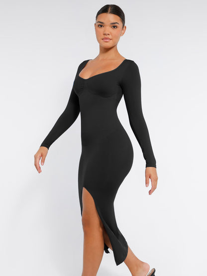 Willluxe Seamless Long Sleeve Shaper Dress with Removable Pads and High Slit