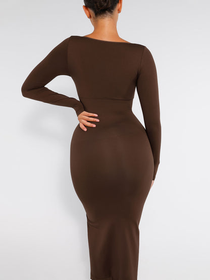 Willluxe Seamless Long Sleeve Shaper Dress with Removable Pads and High Slit