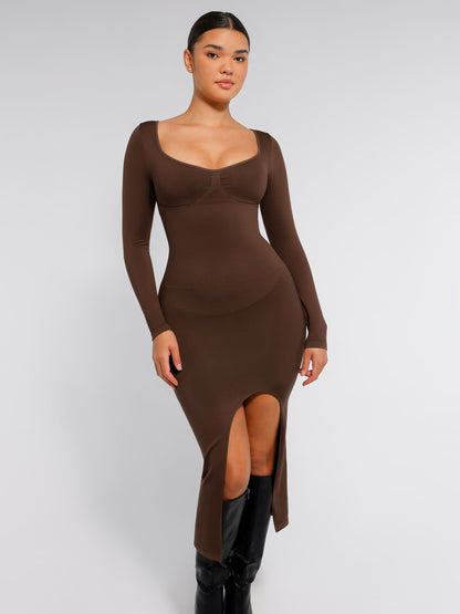 Willluxe Seamless Long Sleeve Shaper Dress with Removable Pads and High Slit