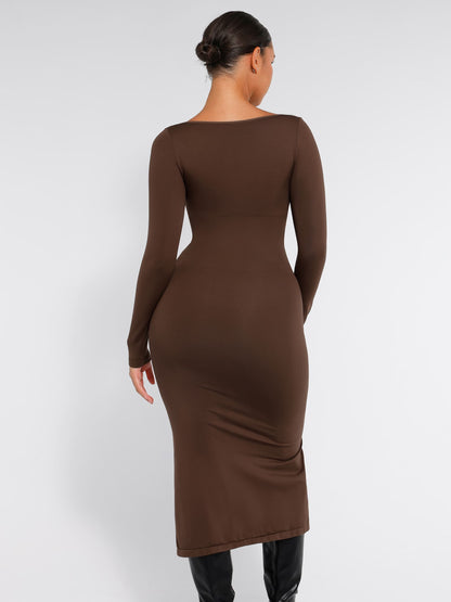 Willluxe Seamless Long Sleeve Shaper Dress with Removable Pads and High Slit