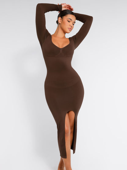 Willluxe Seamless Long Sleeve Shaper Dress with Removable Pads and High Slit