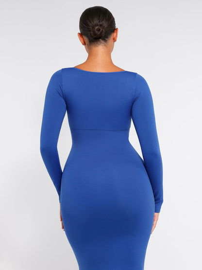 Willluxe Seamless Long Sleeve Shaper Dress with Removable Pads and High Slit