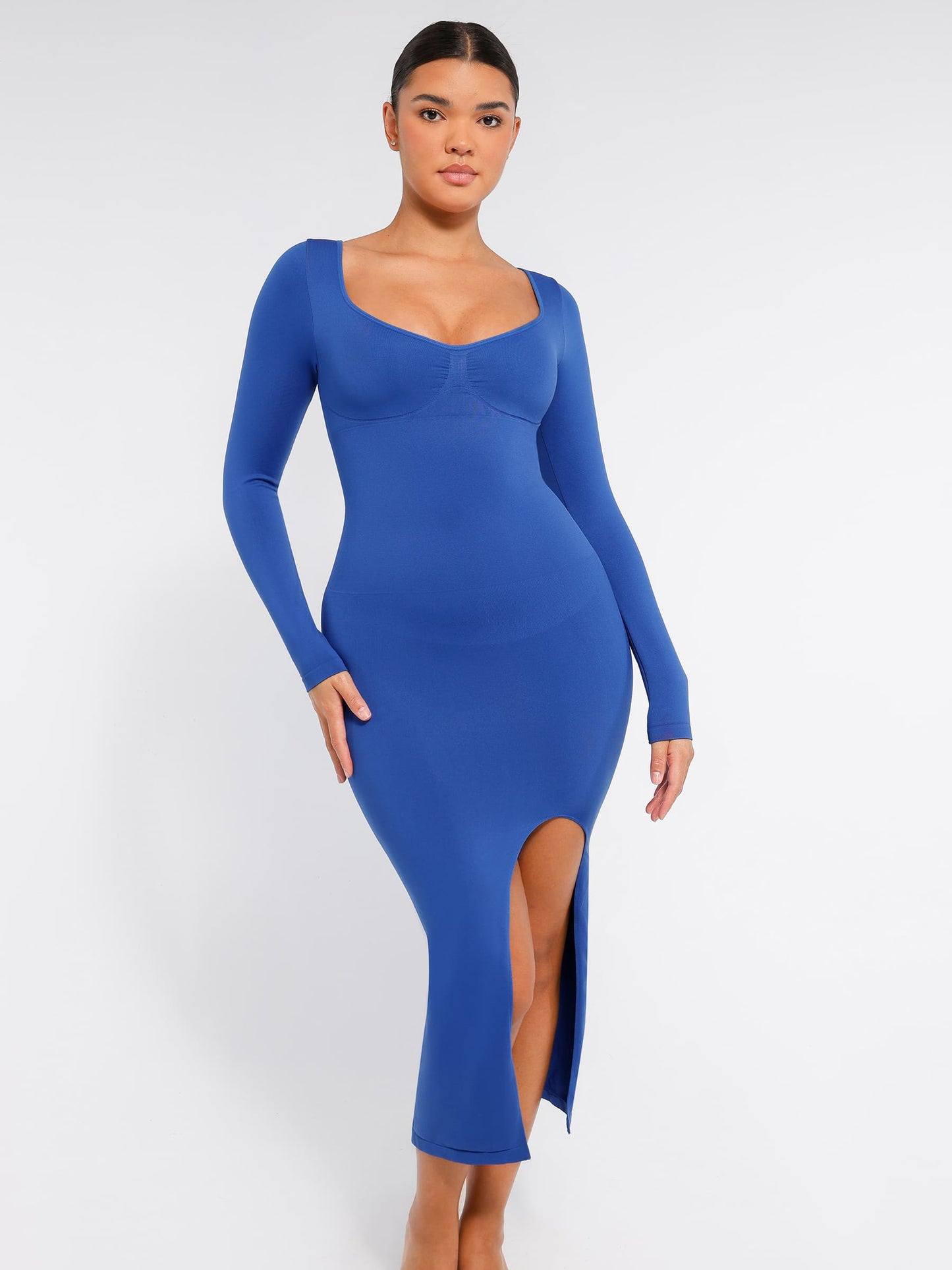 Willluxe Seamless Long Sleeve Shaper Dress with Removable Pads and High Slit