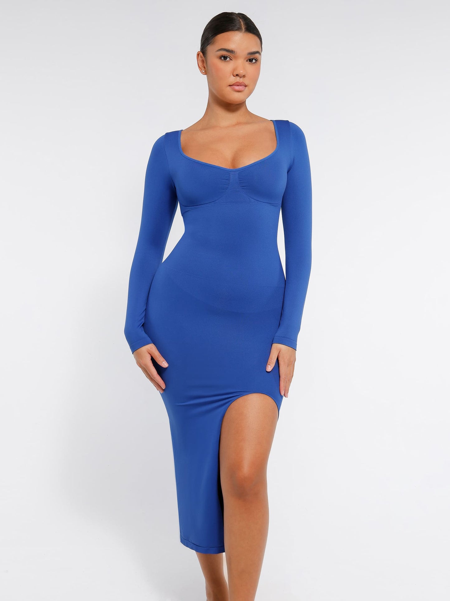 Willluxe Seamless Long Sleeve Shaper Dress with Removable Pads and High Slit