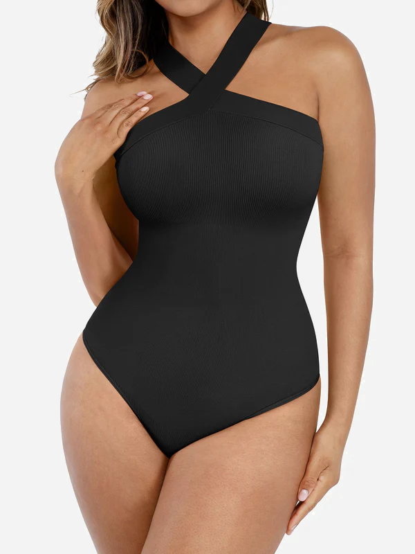 Willluxe Seamless Crossover Halter Thong Bodysuit Shapewear for Everyday Wear