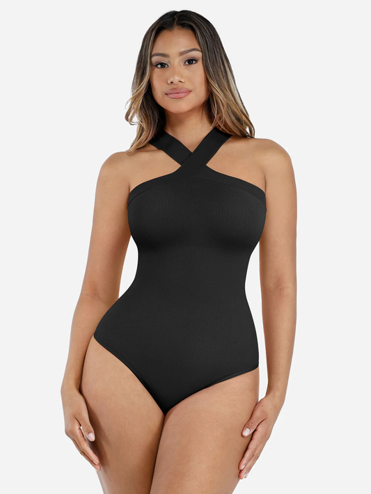 Willluxe Seamless Crossover Halter Thong Bodysuit Shapewear for Everyday Wear