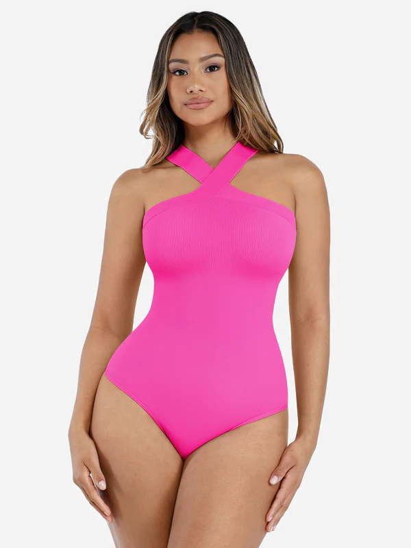 Willluxe Seamless Crossover Halter Thong Bodysuit Shapewear for Everyday Wear