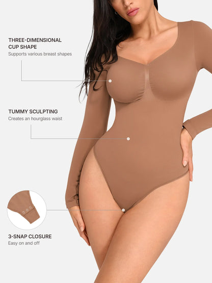 Willluxe Seamless Long Sleeve Chest Support Tummy Control Thong Bodysuit