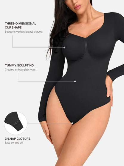 Willluxe Seamless Long Sleeve Chest Support Tummy Control Thong Bodysuit
