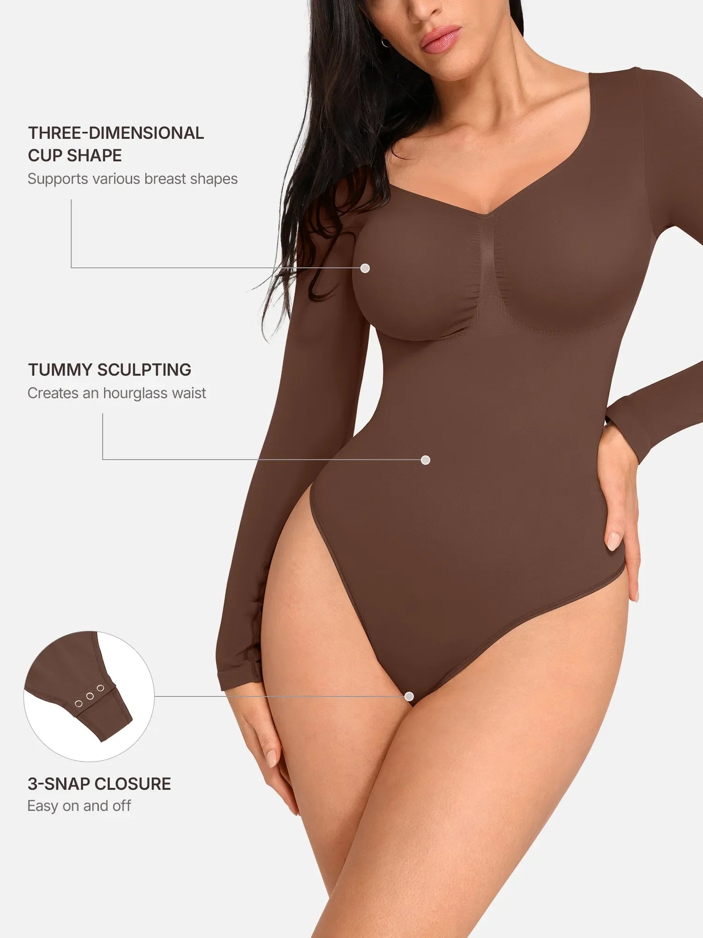 Willluxe Seamless Long Sleeve Chest Support Tummy Control Thong Bodysuit