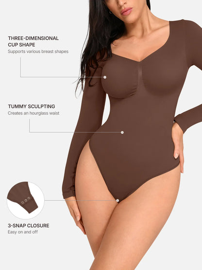 Willluxe Seamless Long Sleeve Chest Support Tummy Control Thong Bodysuit