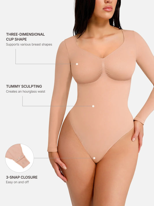 Willluxe Seamless Long Sleeve Chest Support Tummy Control Thong Bodysuit