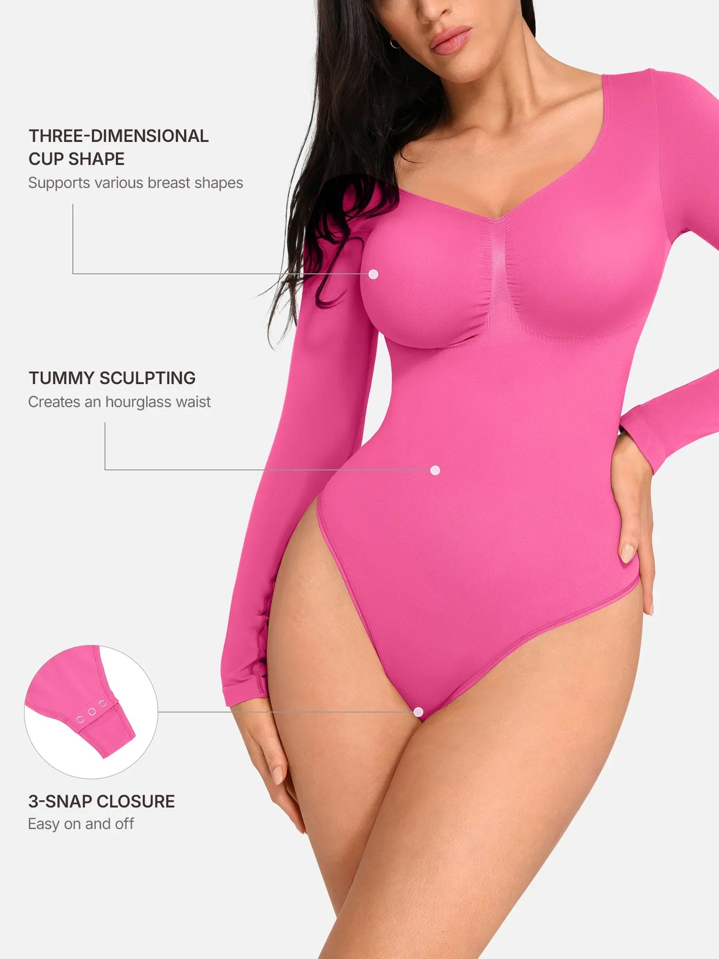 Willluxe Seamless Long Sleeve Chest Support Tummy Control Thong Bodysuit