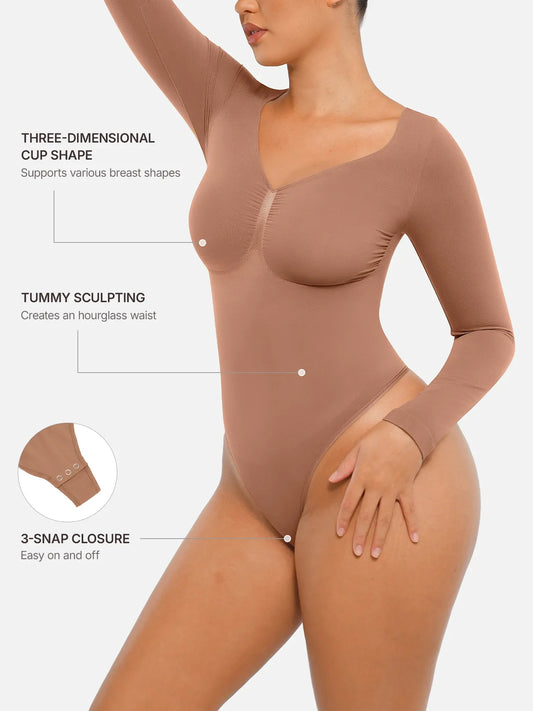 Willluxe Seamless Long Sleeve Tummy Control Thong Bodysuit