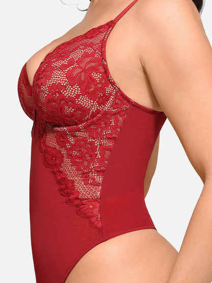 Willluxe V Neck Elegant Lace Sculpting Thongs Bodysuit