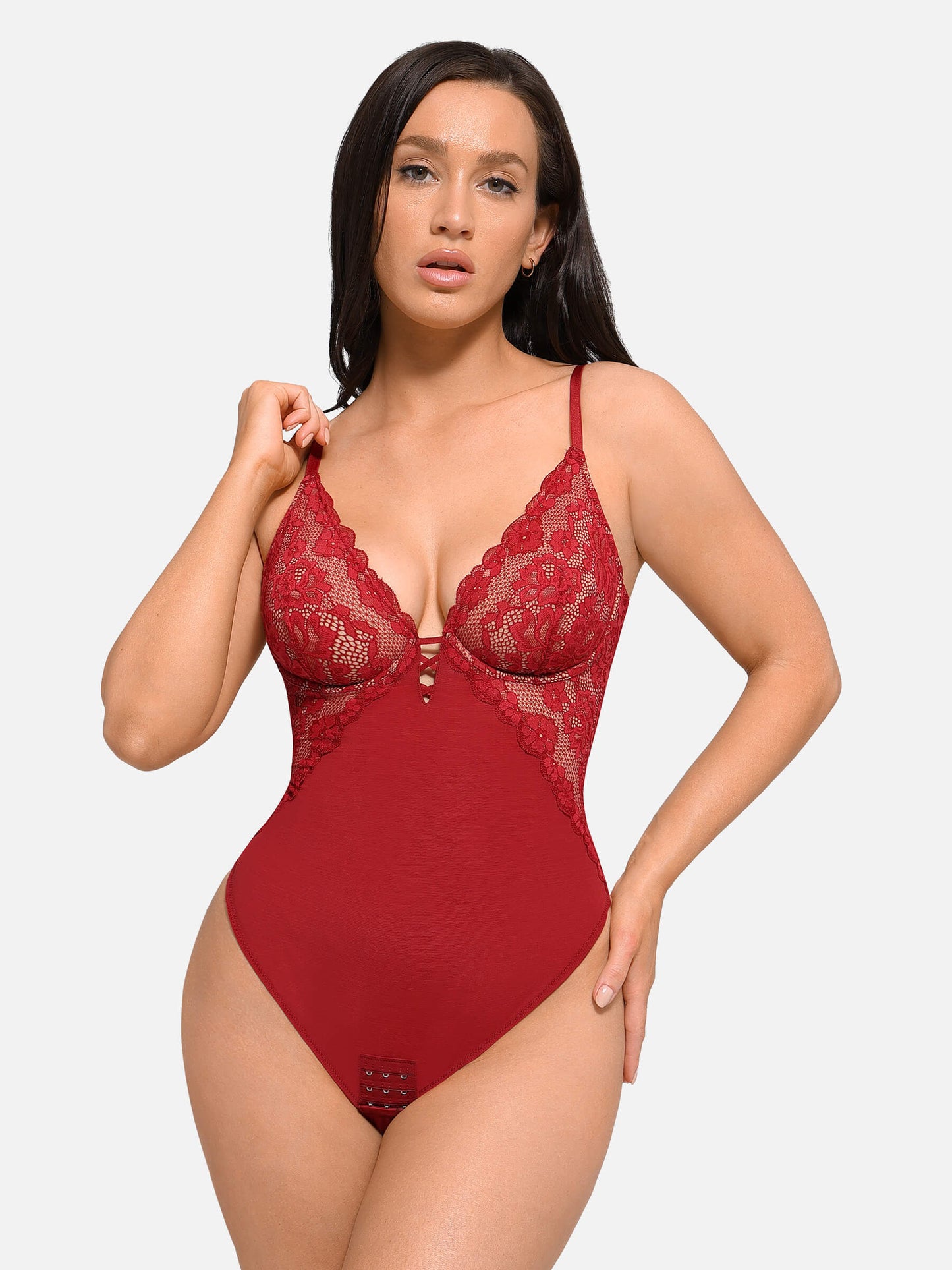 Willluxe V Neck Elegant Lace Sculpting Thongs Bodysuit