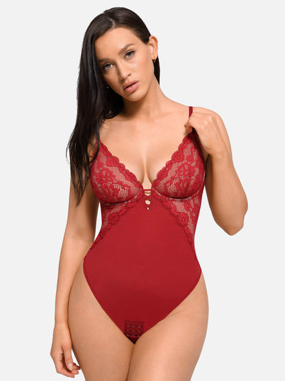 Willluxe V Neck Elegant Lace Sculpting Thongs Bodysuit