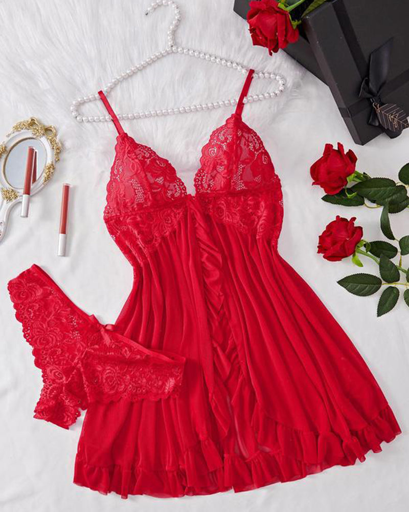 Lace Mesh See-Through Nightgown Set