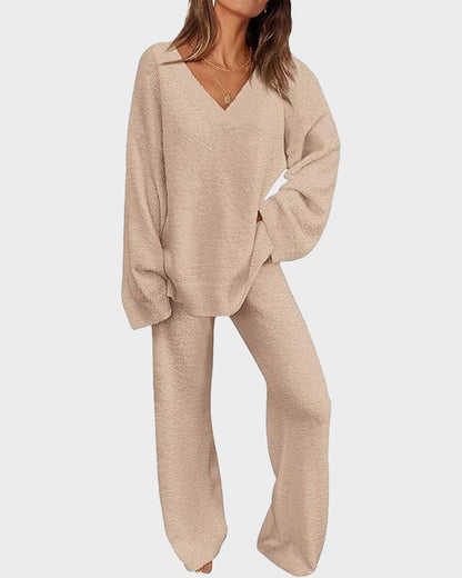 Soft Fuzzy V-Neck Loungewear Set