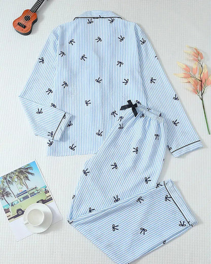 Striped Bow Print Long Sleeve Pajama Set