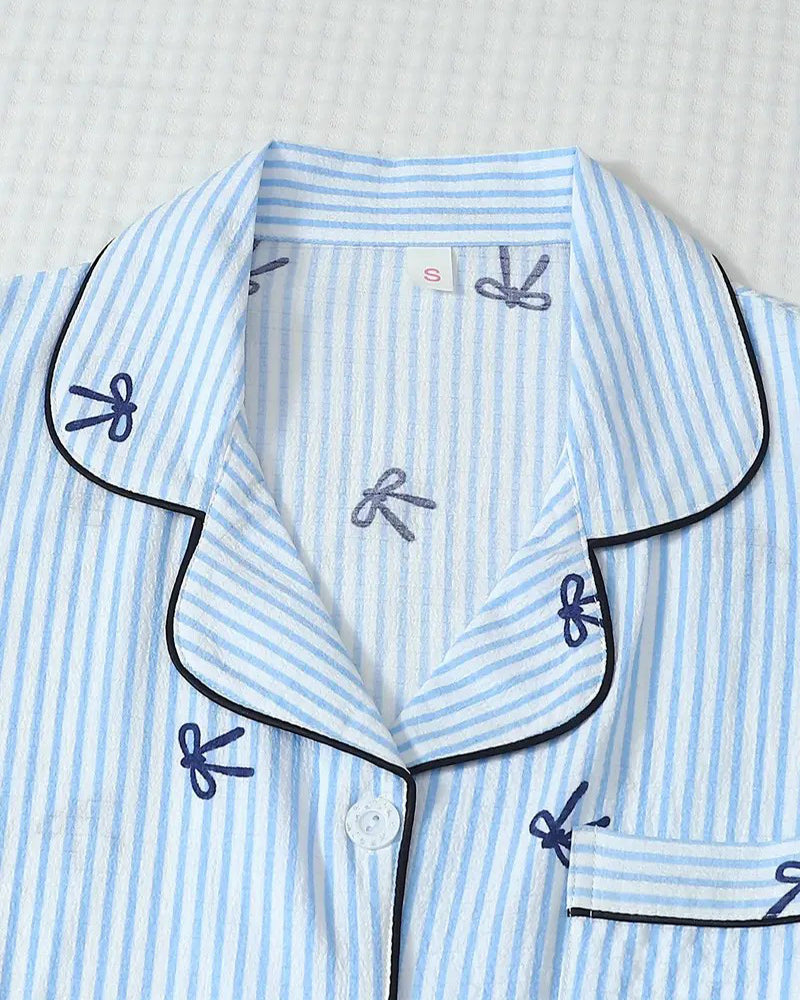 Striped Bow Print Long Sleeve Pajama Set