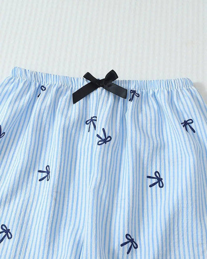 Striped Bow Print Long Sleeve Pajama Set