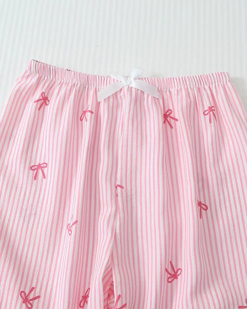 Striped Bow Print Long Sleeve Pajama Set