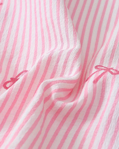 Striped Bow Print Long Sleeve Pajama Set