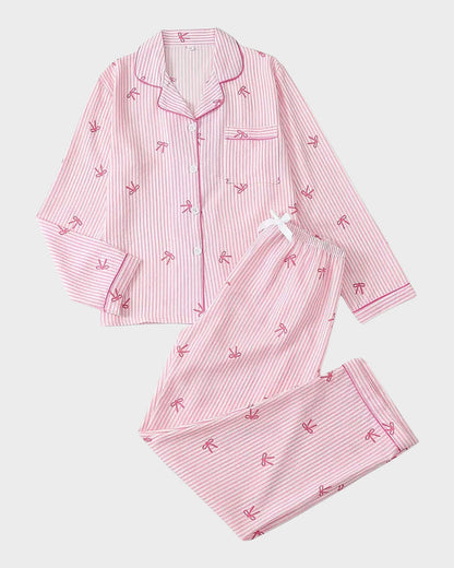 Striped Bow Print Long Sleeve Pajama Set