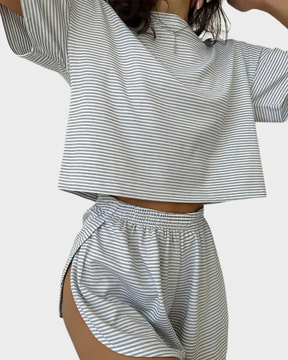 Two-Piece Striped Pajama Set with T-Shirt & Side-Split Shorts