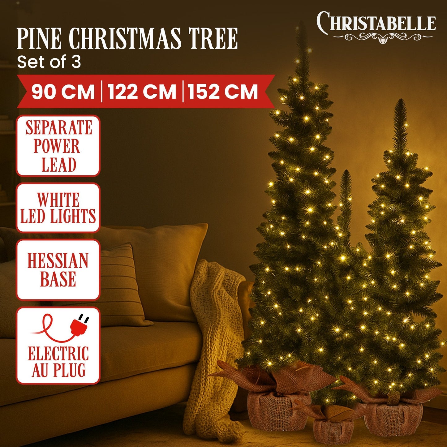 Christabelle Set of 3 Pre-Lit Christmas Trees Green Pine with LED Lights