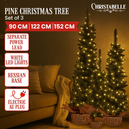 Christabelle Set of 3 Pre-Lit Christmas Trees Green Pine with LED Lights