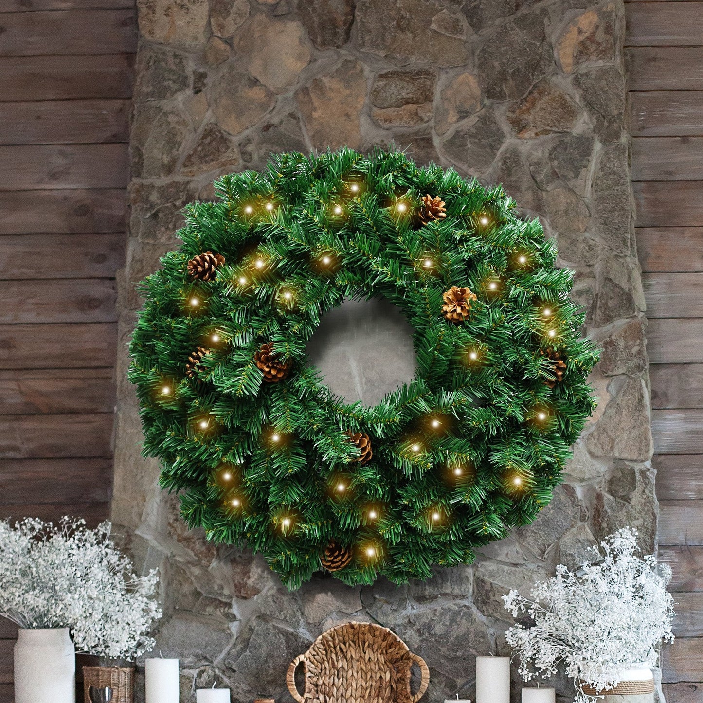 Christabelle 61cm Christmas Wreath  Yuletide Glow with Pine Cones and LED Lights Front Door Decoration