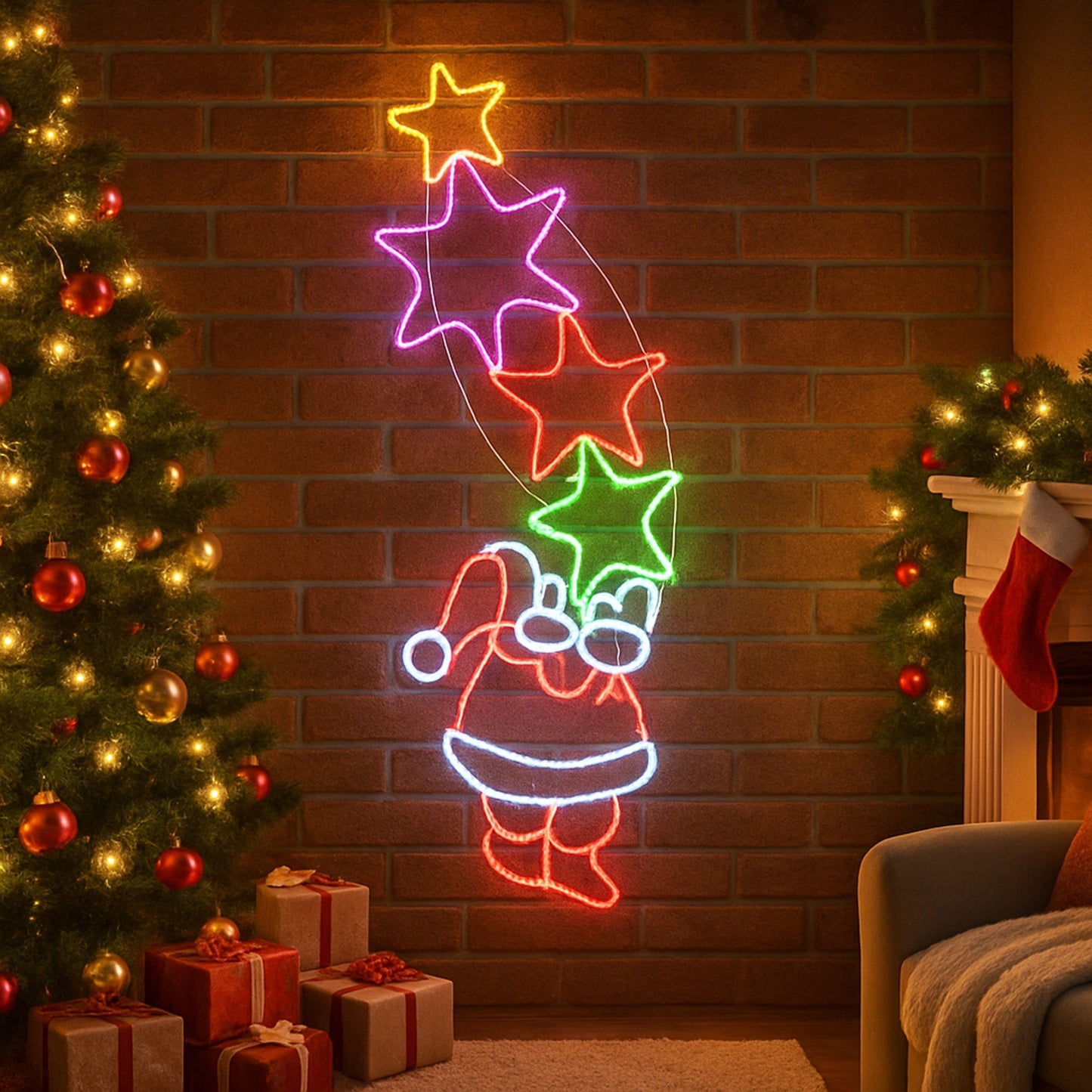 Lexi Lighting Starry Santa With Stars Rope Light Silhouette
