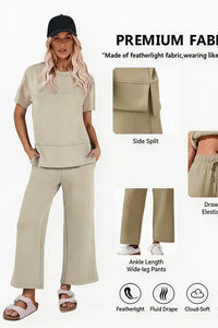 Willluxe® Women's 2-Piece Crew Neck Short Sleeve Casual Set – Soft Rayon Wide-Leg Pants Set