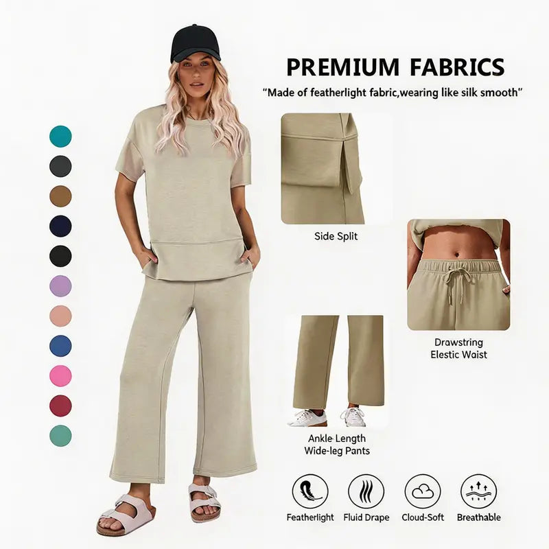Willluxe® Women's 2-Piece Crew Neck Short Sleeve Casual Set – Soft Rayon Wide-Leg Pants Set