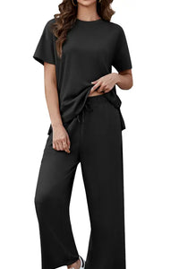 Willluxe® Women's 2-Piece Crew Neck Short Sleeve Casual Set – Soft Rayon Wide-Leg Pants Set