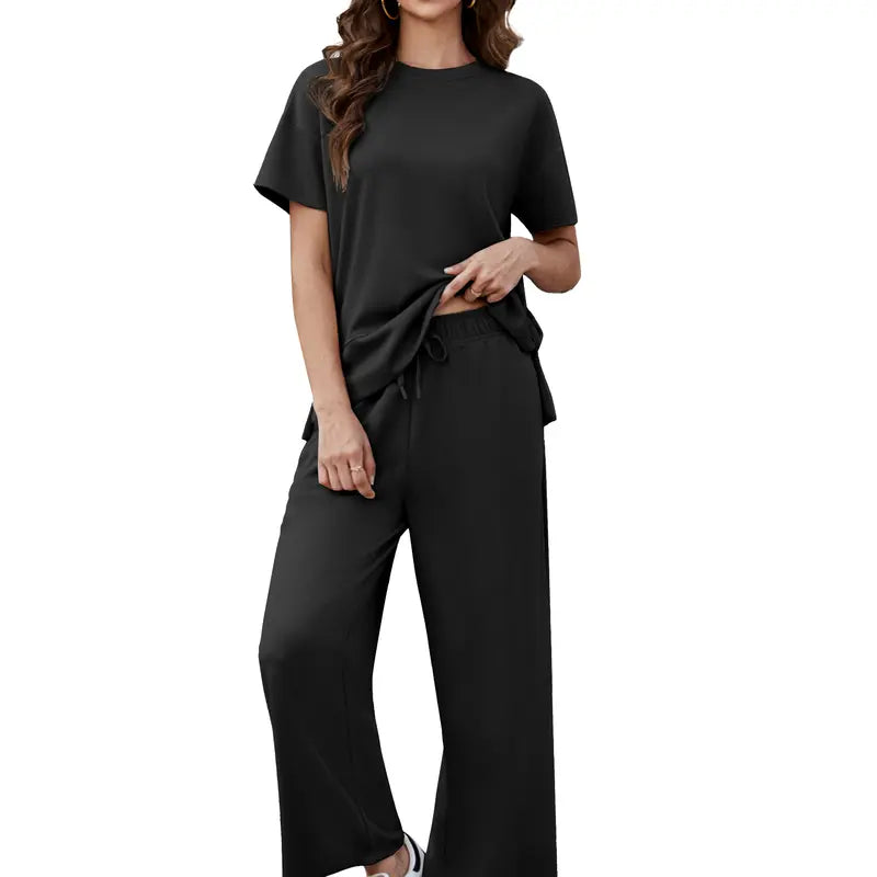 Willluxe® Women's 2-Piece Crew Neck Short Sleeve Casual Set – Soft Rayon Wide-Leg Pants Set
