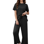 Willluxe® Women's 2-Piece Crew Neck Short Sleeve Casual Set – Soft Rayon Wide-Leg Pants Set