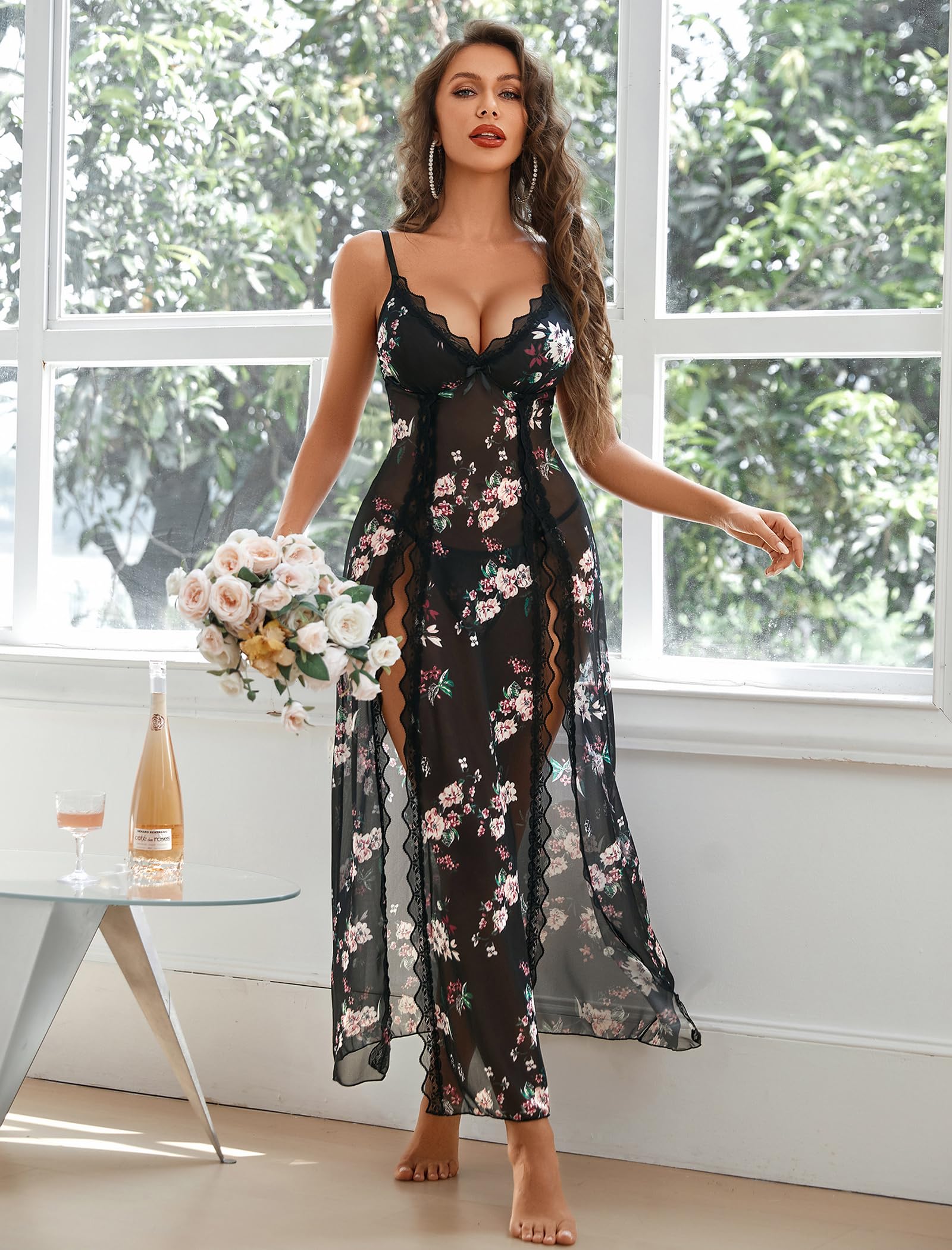 Willluxe® Lace Chemise Sexy Mesh Nightdress V Neck Side Split Nightgown Willluxe Store