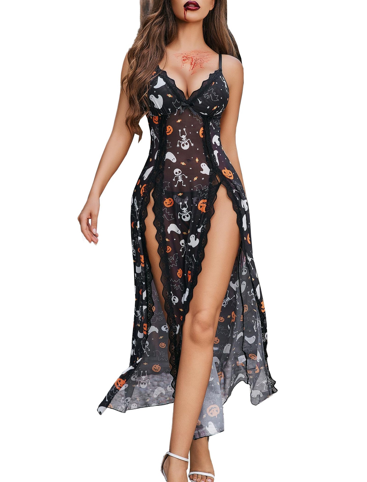 Willluxe® Lace Chemise Sexy Mesh Nightdress V Neck Side Split Nightgown Willluxe Store