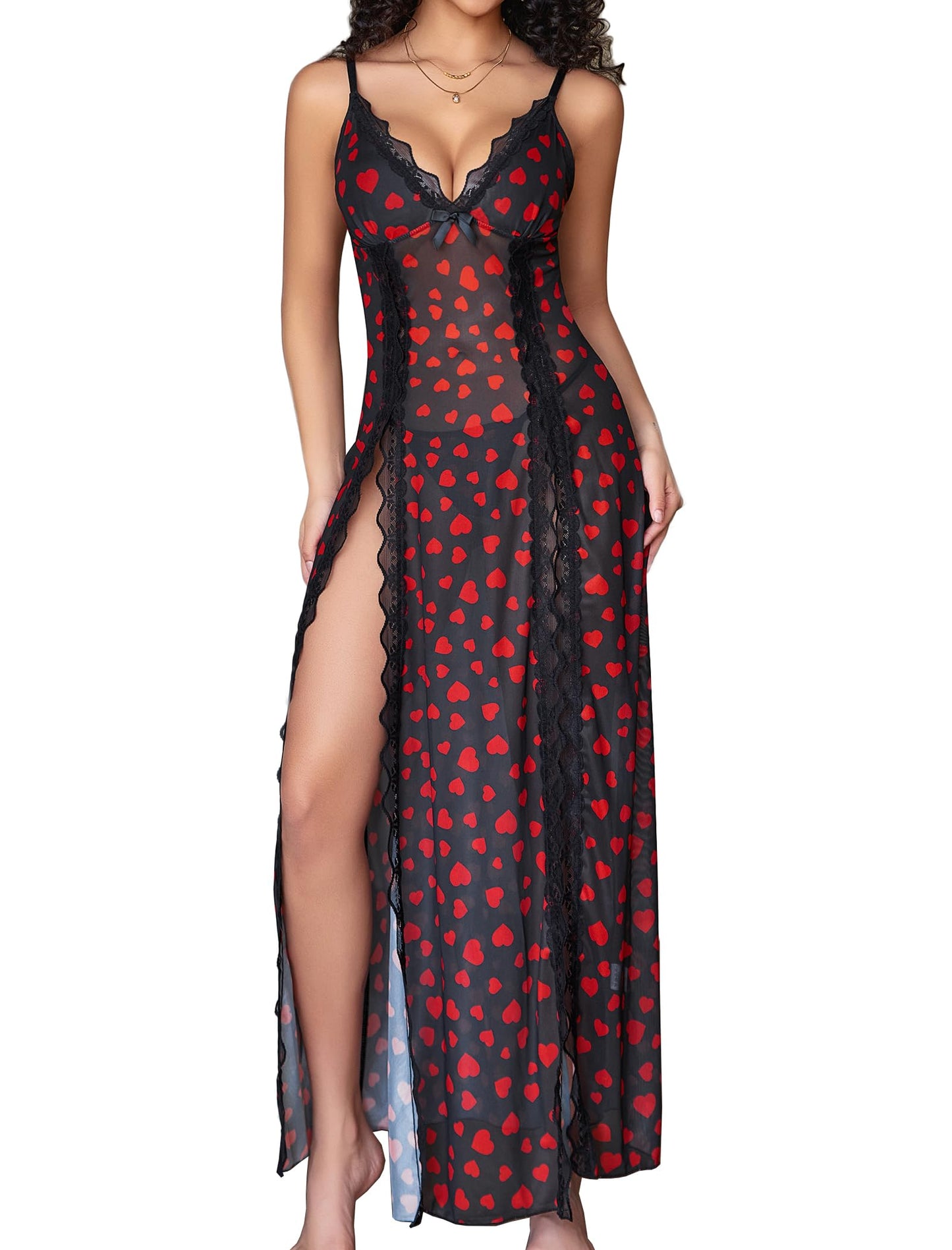 Willluxe® Lace Chemise Sexy Mesh Nightdress V Neck Side Split Nightgown Willluxe Store