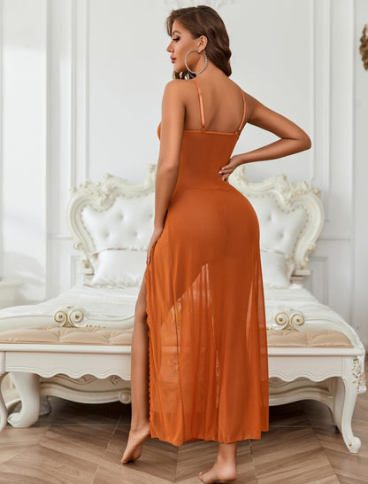 Willluxe® Lace Chemise Sexy Mesh Nightdress V Neck Side Split Nightgown Willluxe Store