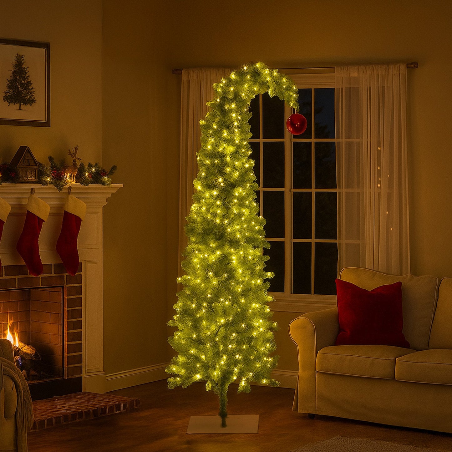 Christabelle 7.5ft Christmas Gremlin Tree Curved Top Red Bauble LED Lights