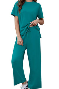 Willluxe® Women's 2-Piece Crew Neck Short Sleeve Casual Set – Soft Rayon Wide-Leg Pants Set