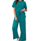 Willluxe® Women's 2-Piece Crew Neck Short Sleeve Casual Set – Soft Rayon Wide-Leg Pants Set