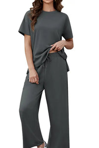 Willluxe® Women's 2-Piece Crew Neck Short Sleeve Casual Set – Soft Rayon Wide-Leg Pants Set